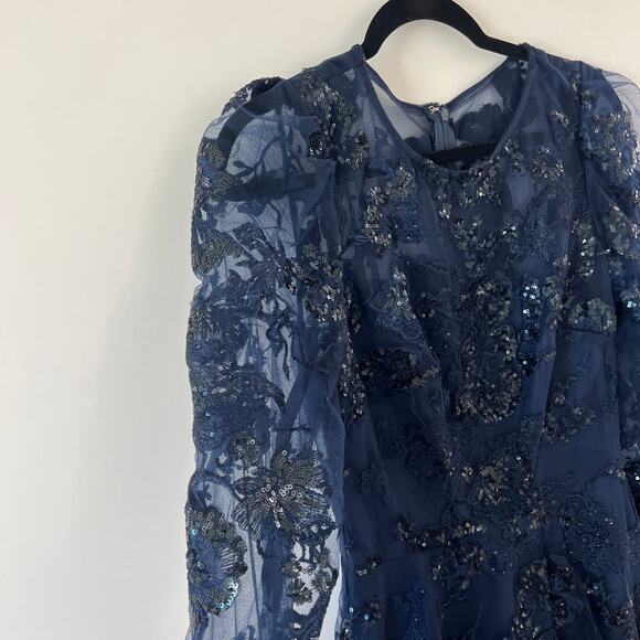 Mac Duggal Navy Sequin Sheer Lace Maxi Gown Prom Dress Womens 4 Long Sleeve - Picture 10 of 16